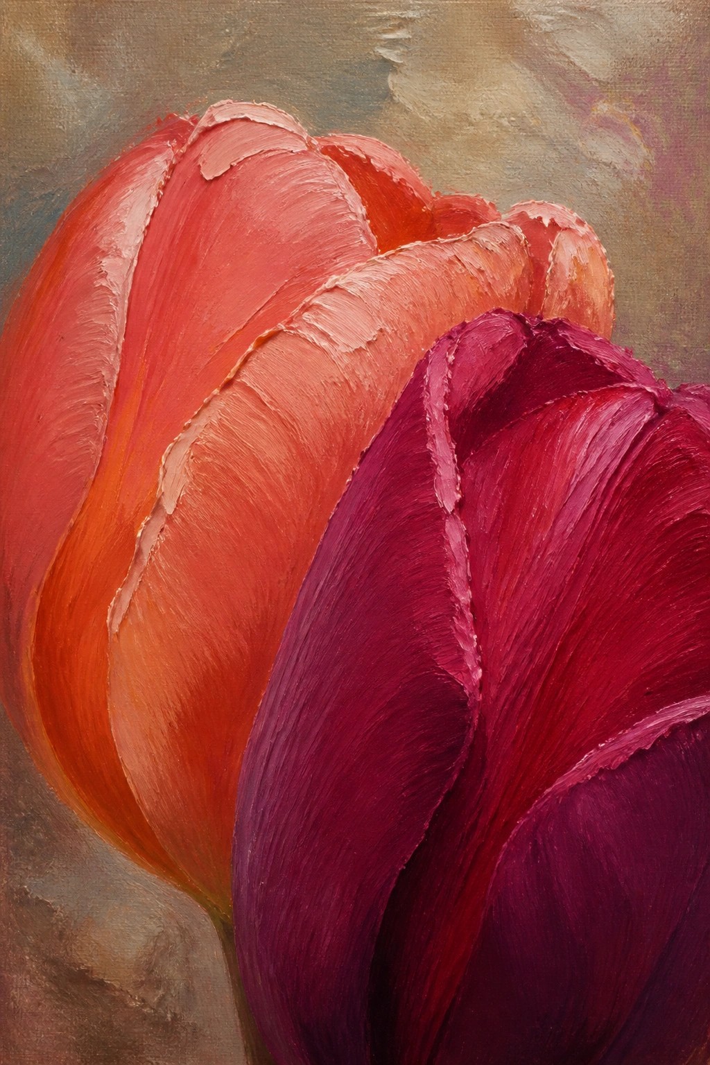 Thickly painted red and purple tulips with bold impasto brushstrokes.