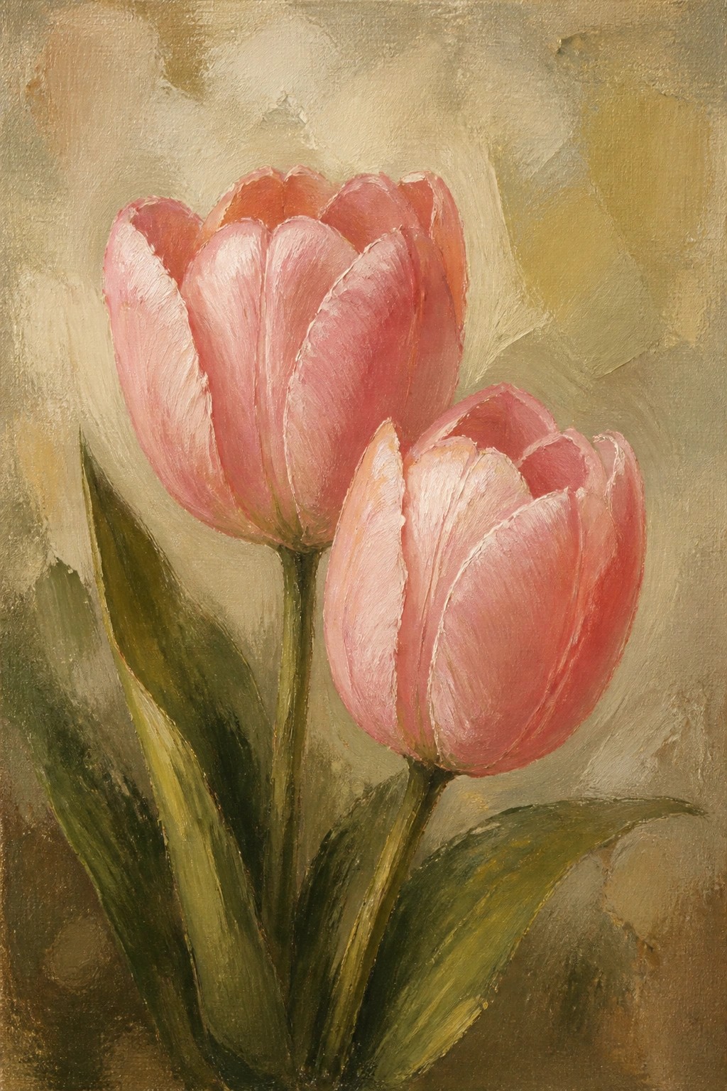 Two soft pink tulips with green leaves on a muted earthy background.