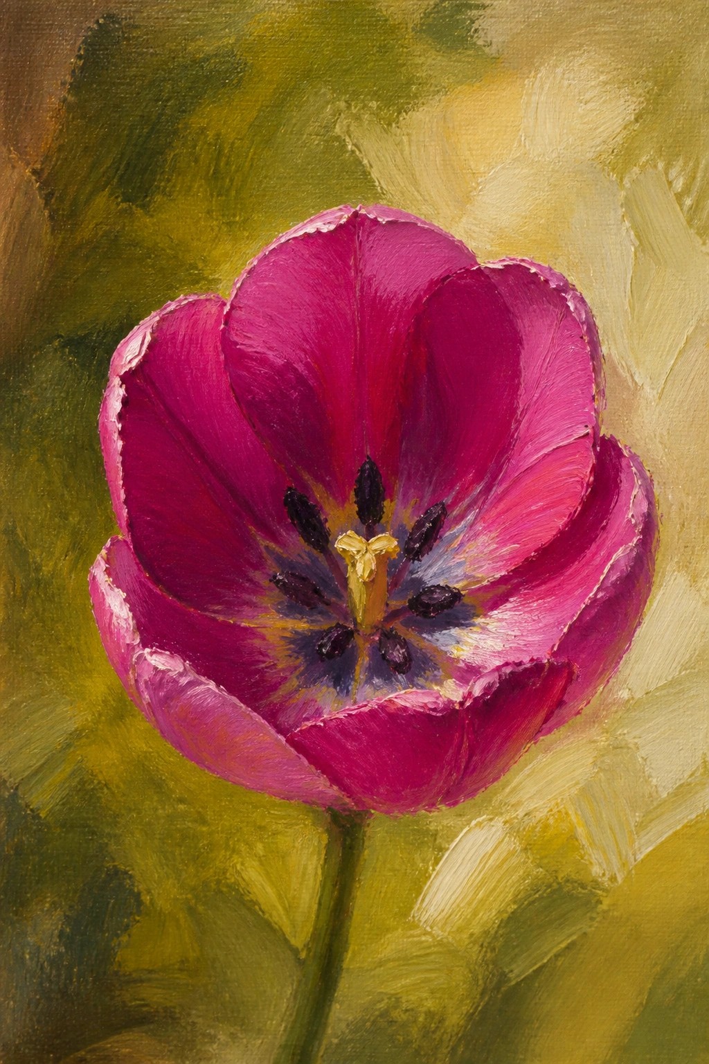 Vibrant magenta tulip with yellow center and dark stamens in oil painting style