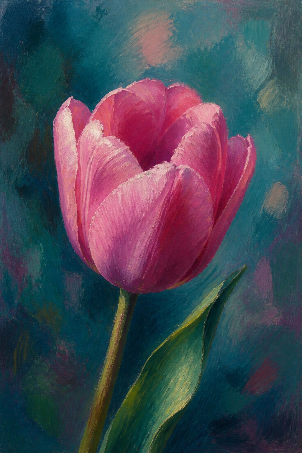 Pink tulip in full bloom with green stem on dark teal background