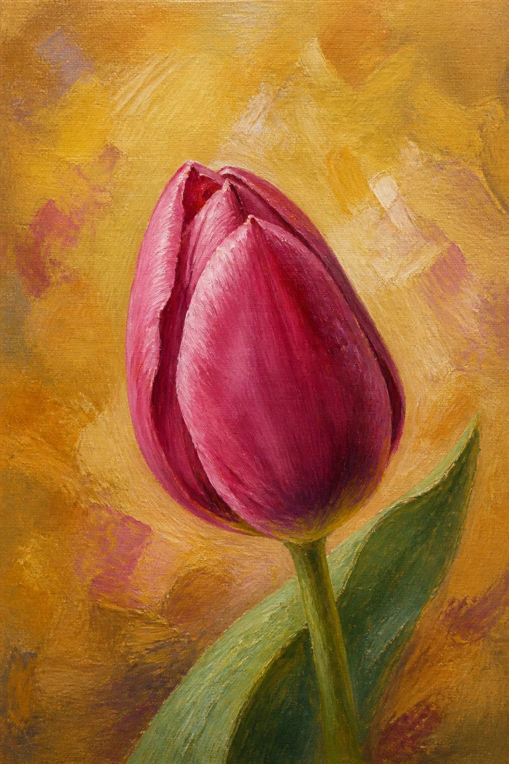Vibrant magenta tulip bud on green stem against warm golden abstract background