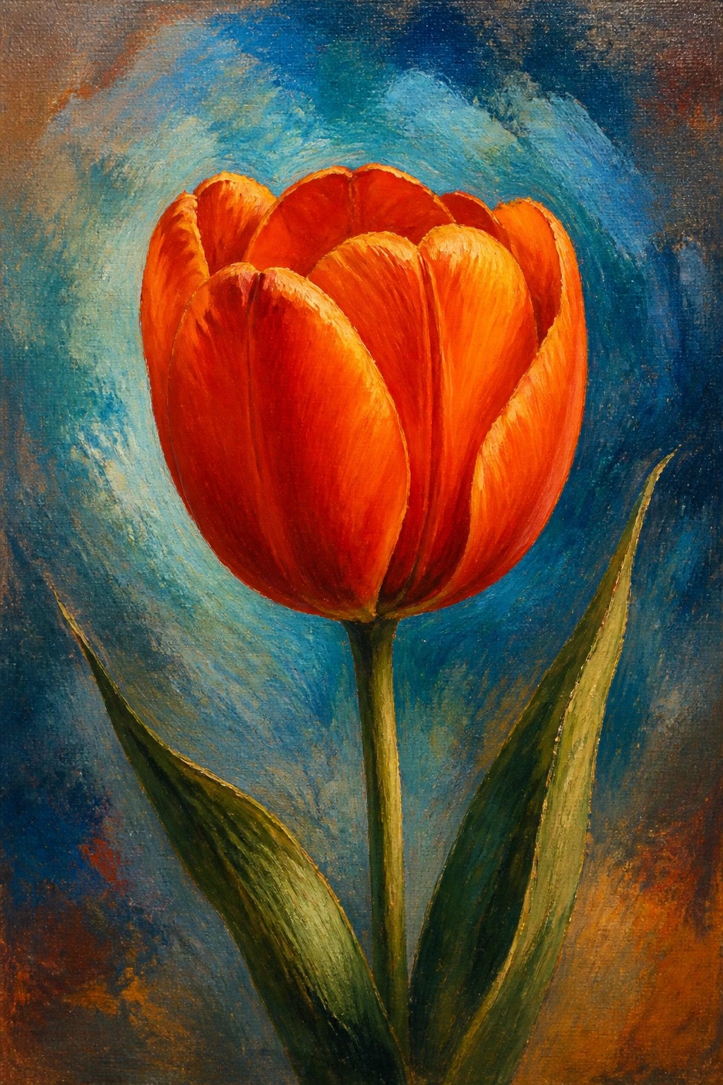 Vibrant red tulip with green leaves against swirling blue and brown background