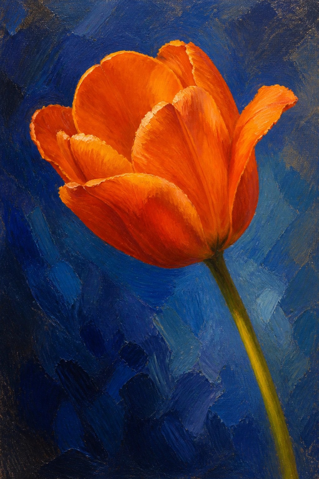 Orange tulip with open petals on green stem against textured dark blue background