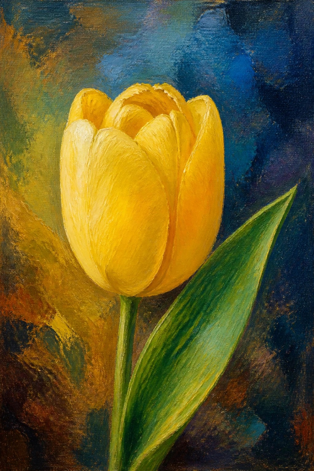 Vivid yellow tulip with green leaf against dark blue and orange abstract background