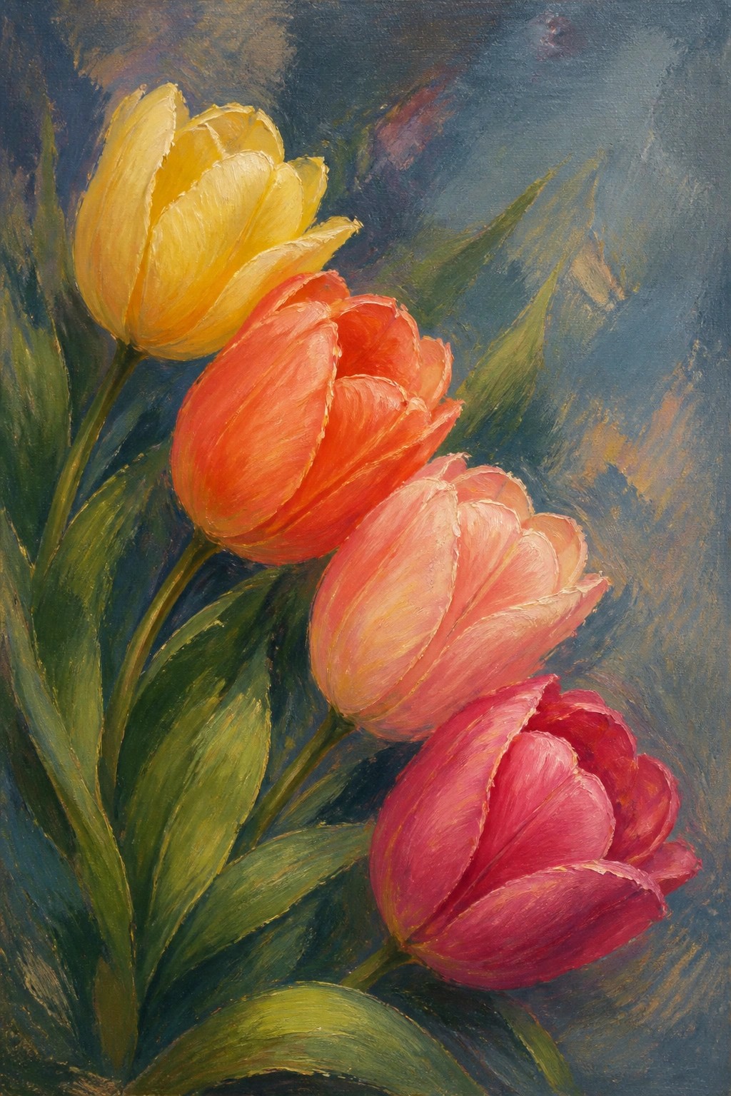 Four colorful tulips in yellow, coral, pink, and magenta with green leaves