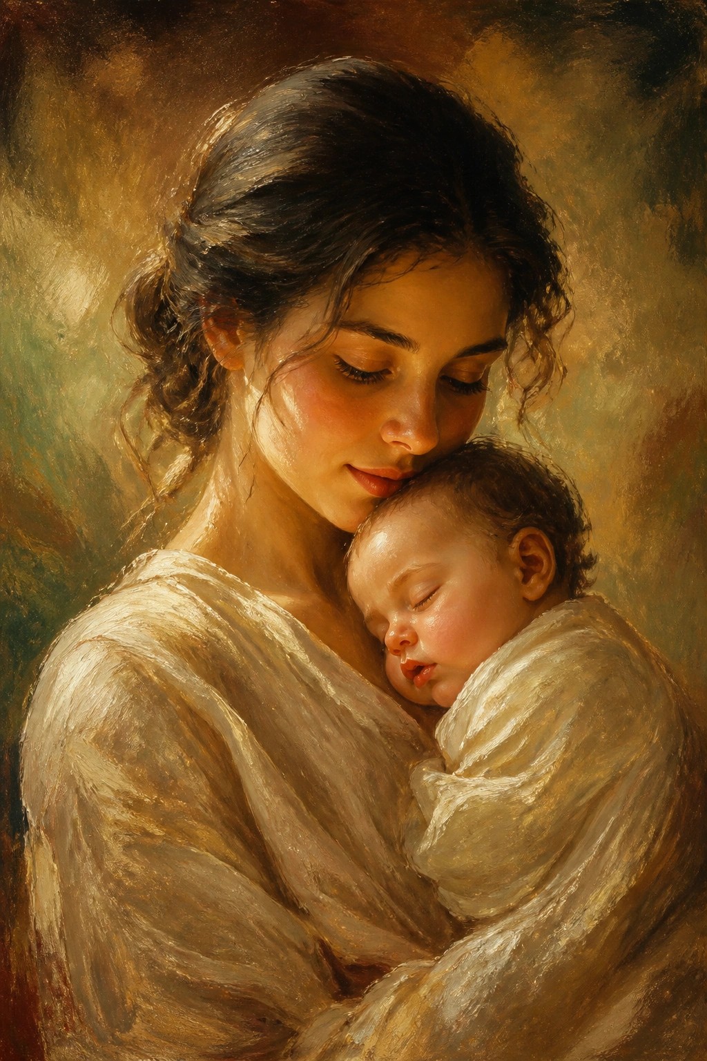 Serene mother cradles sleeping baby close in soft golden light