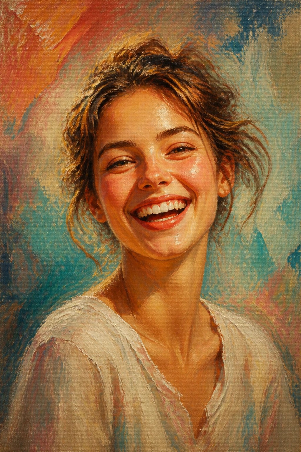 Close-up oil painting of a smiling woman with messy brown hair and a white top against a colorful abstract background.