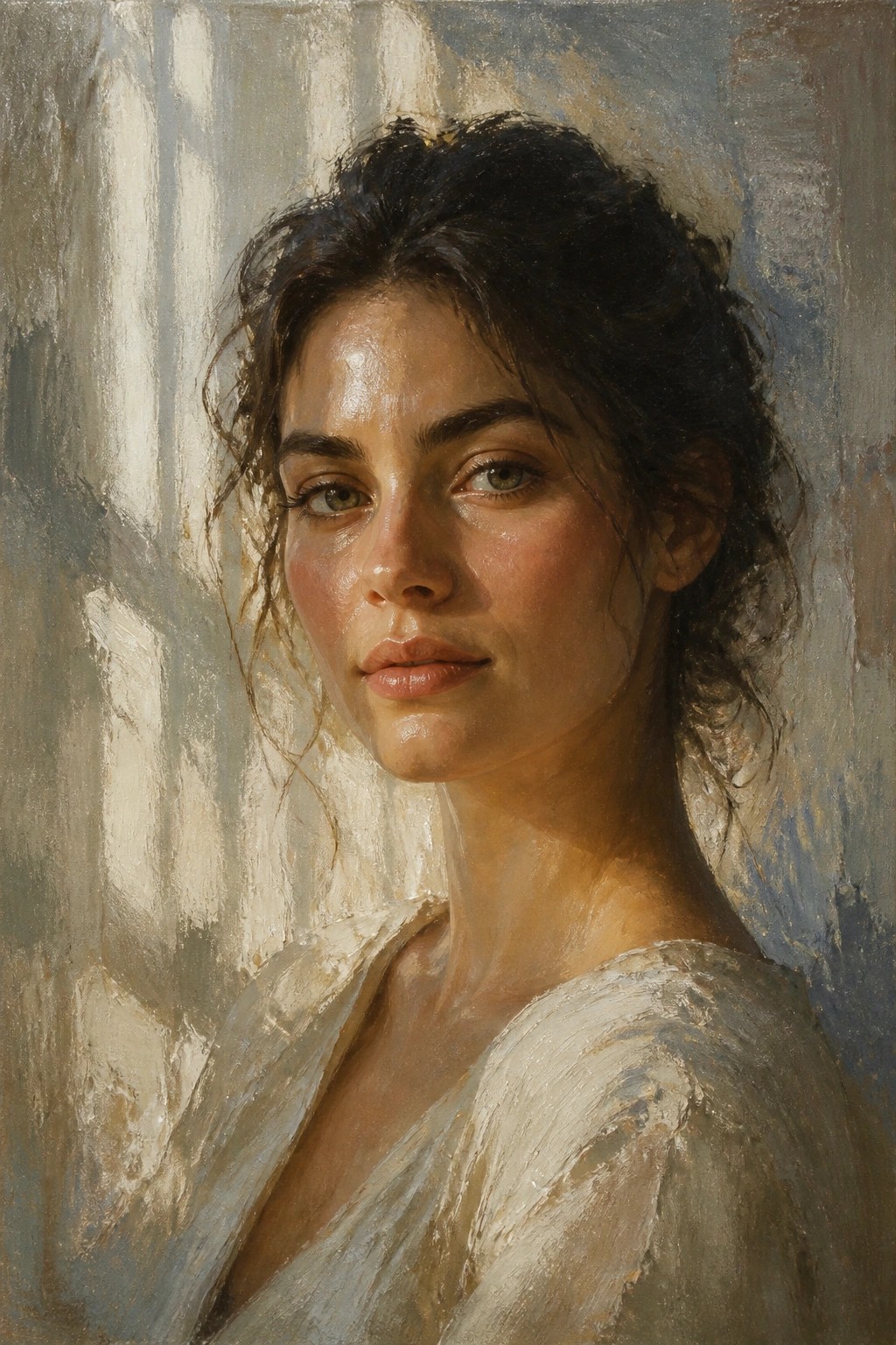 Realistic oil painting of a young woman with dark hair and damp-looking skin, lit from the side against a textured blue-gray background.
