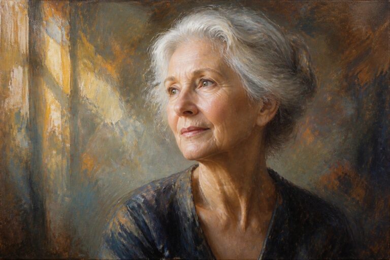 20 Elegant Oil Painting Portrait Ideas Focused on Expression and Light Elderly woman with gray hair wearing blue garment against textured brown background