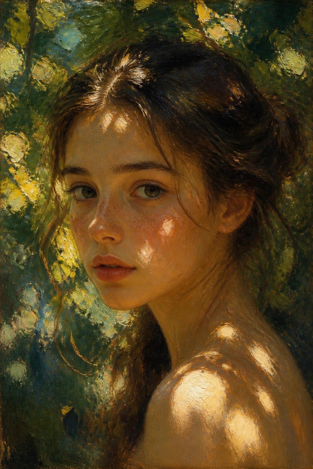 Sunlit young woman with freckles and dark hair amid lush green foliage, bare shoulders glowing.