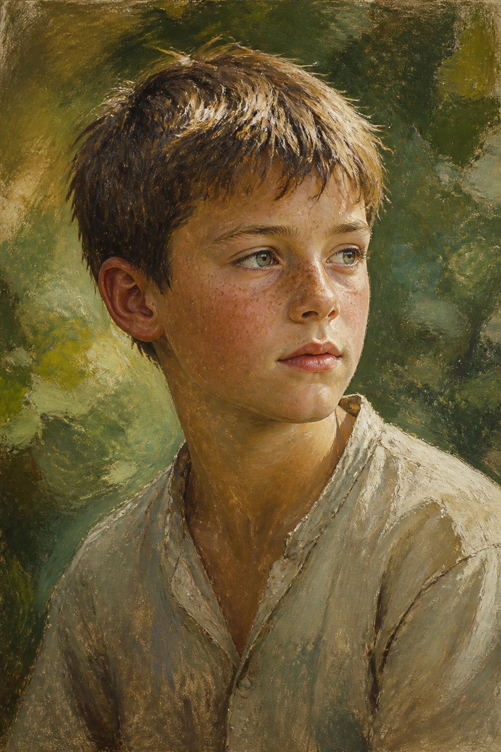 Freckled boy with tousled brown hair in a worn beige shirt, green background