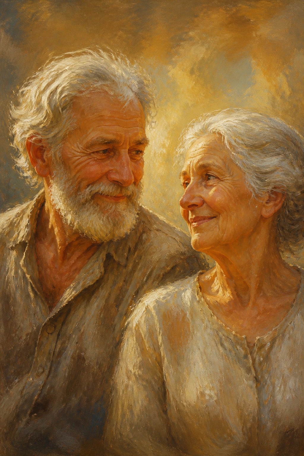 Elderly couple with white hair share warm smiles in golden painterly light
