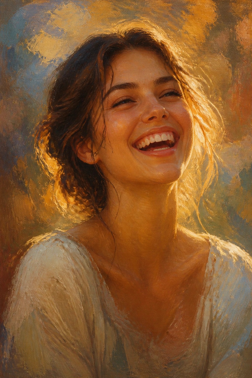 Joyful woman laughs in golden sunlight wearing a loose white top, warm painterly style.