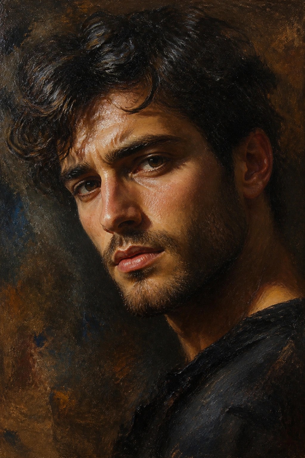 Dramatic oil portrait of young man with dark curls, stubble, and intense gaze.