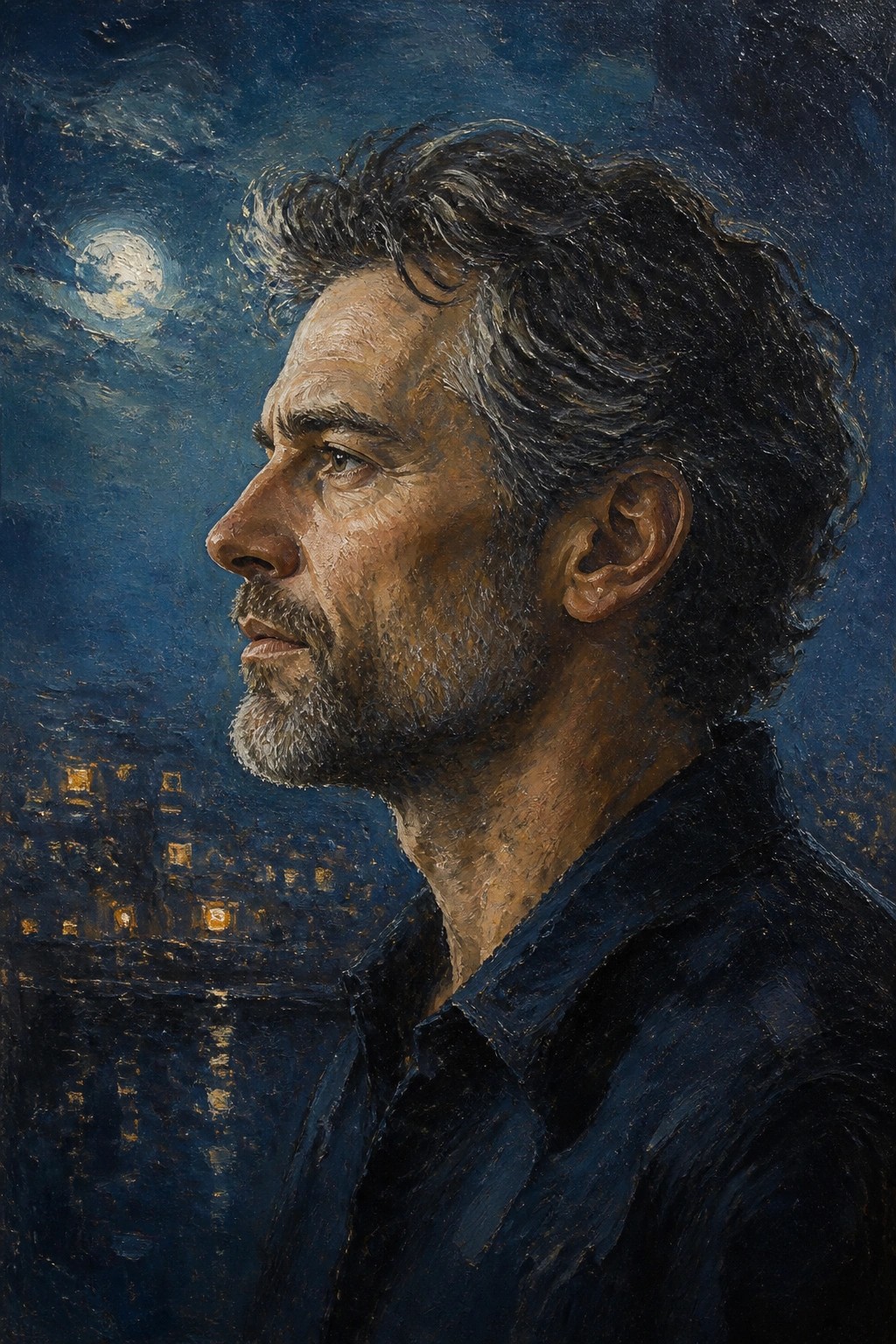Profile of bearded man in dark blue shirt against moonlit waterfront city at night.