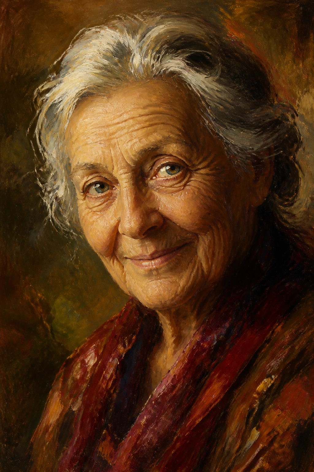 Smiling elderly woman with gray hair and red shawl in textured oil painting