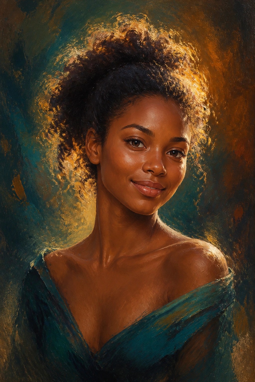 Smiling woman with curly updo and golden highlights wears teal off-shoulder top