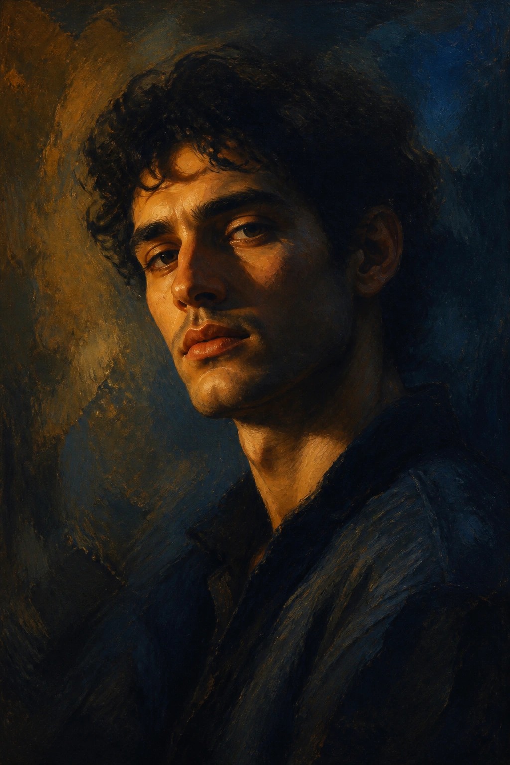 Young man with curly dark hair in blue shirt, dramatic golden lighting on face