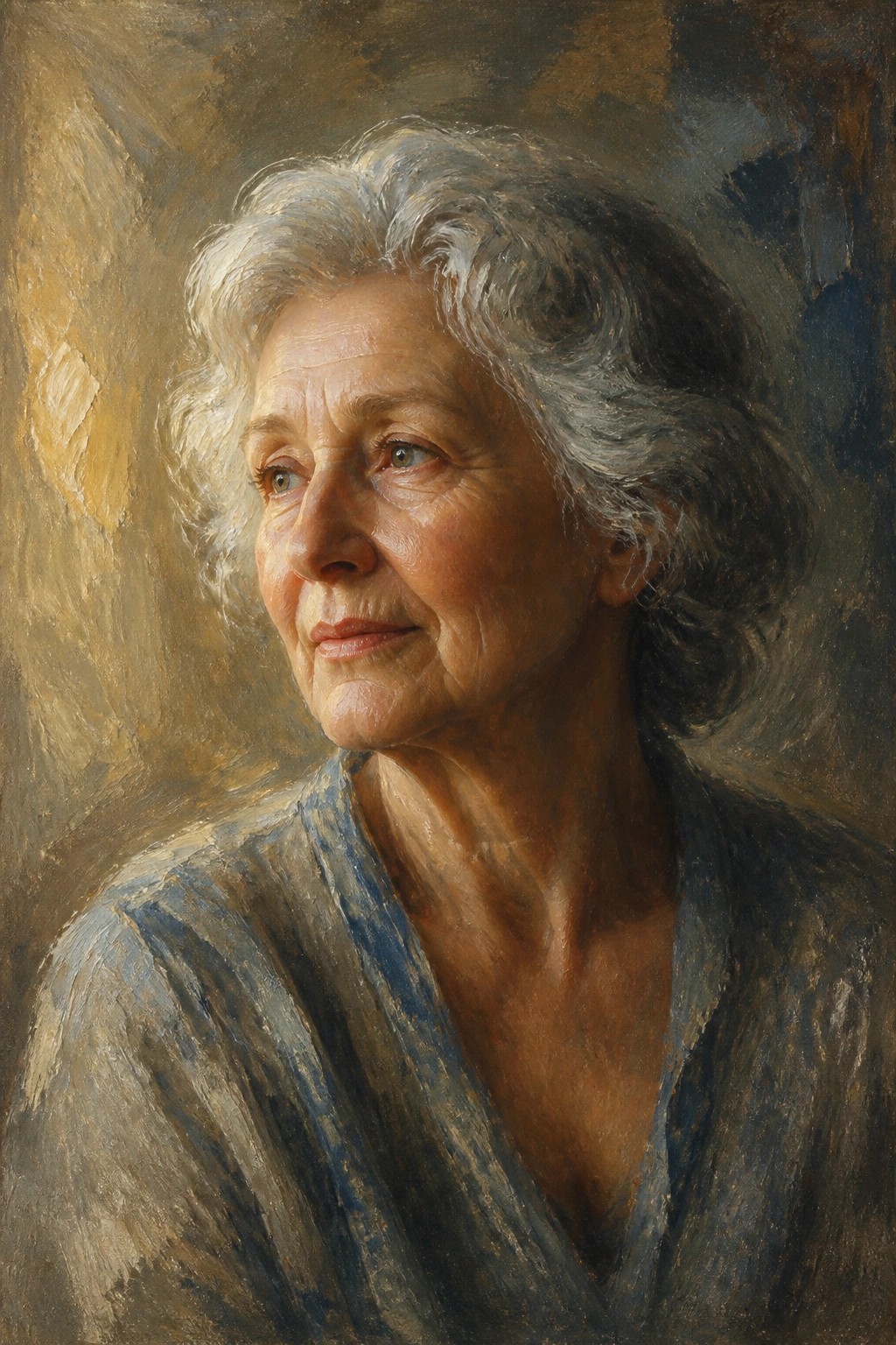 Elderly woman with gray hair wearing blue garment against textured brown background