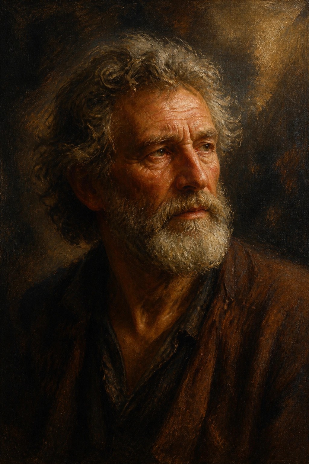 Rugged older man with curly gray hair and beard in worn brown shirt, dark background