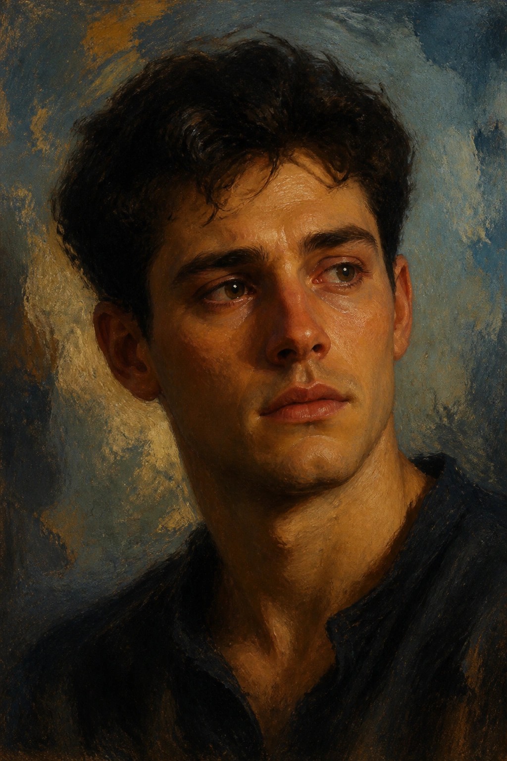 Realistic oil portrait of a young man with dark curly hair in blue shirt