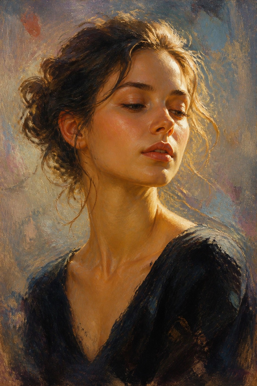 Serene woman with dark hair in updo, closed eyes, wearing blue top in warm light