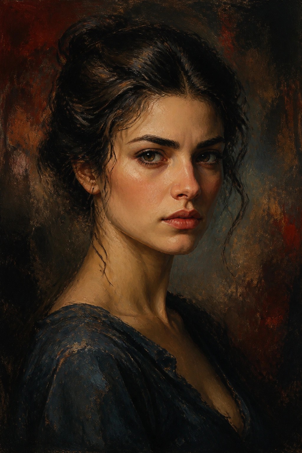Dark-haired woman with intense gaze in blue top against textured dark background