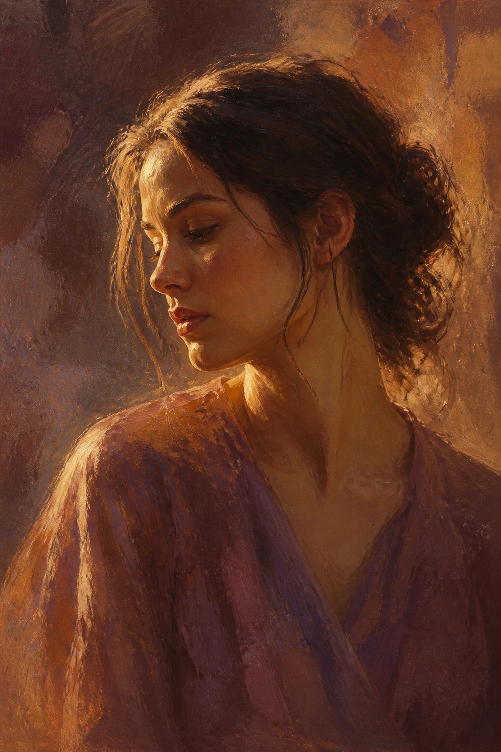 Woman with dark hair in bun, purple garment, eyes closed in warm light