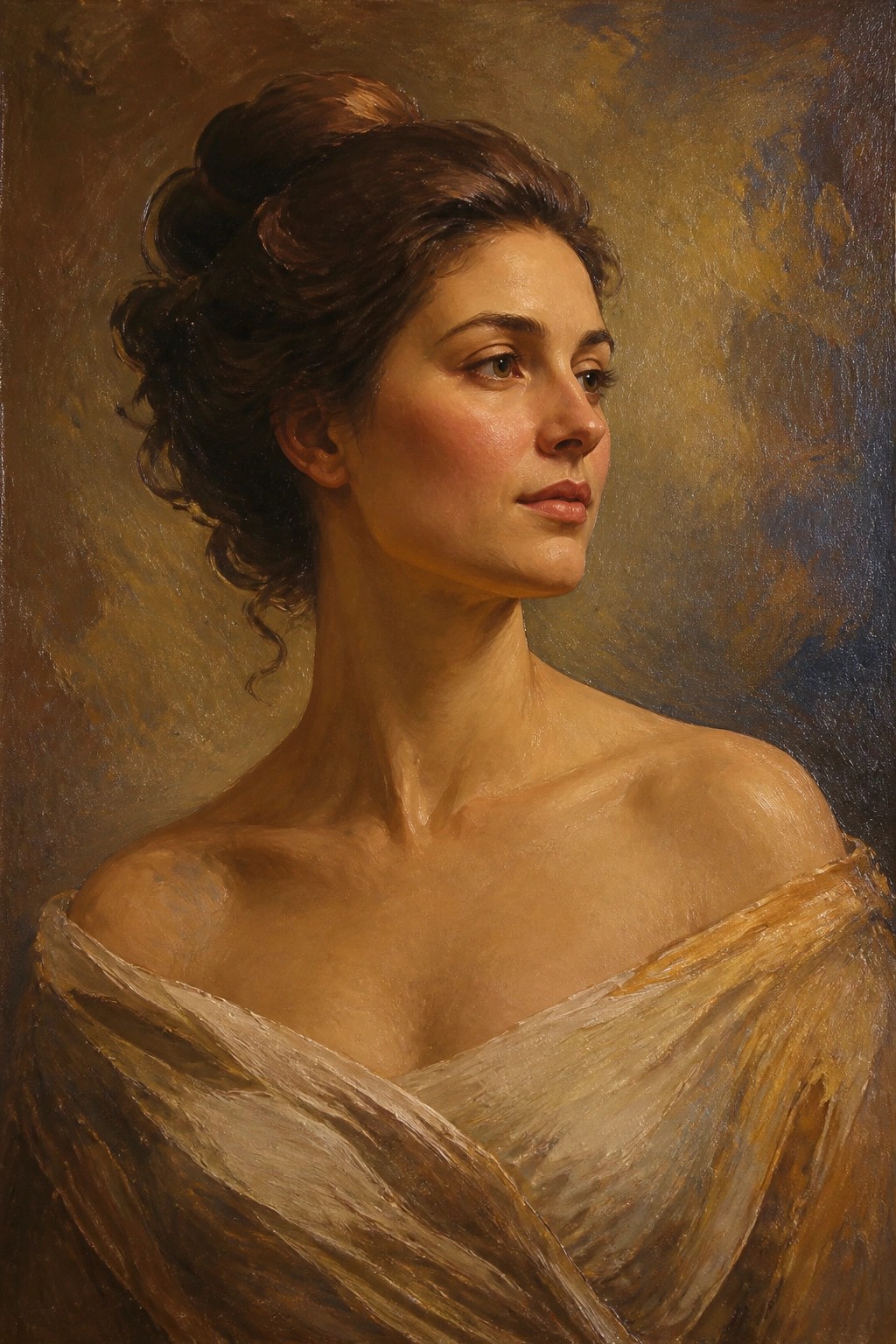 Classical portrait of a bare-shouldered woman with dark updo hair and white drapery.