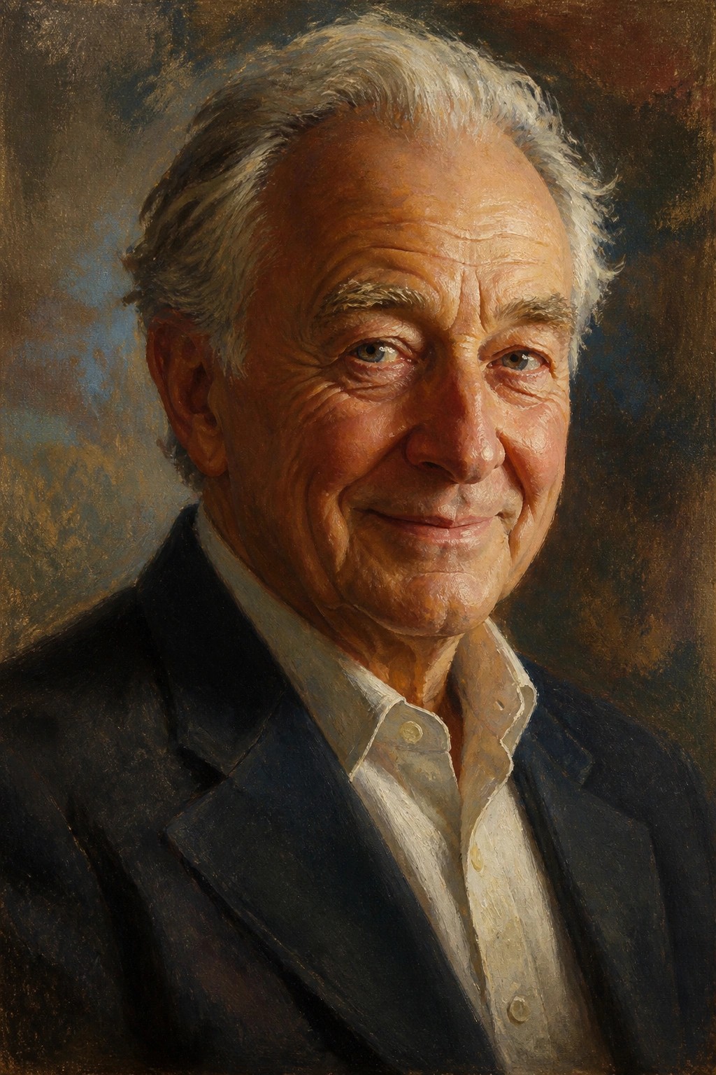 Elderly man with white hair smiles in dark blue jacket and white shirt