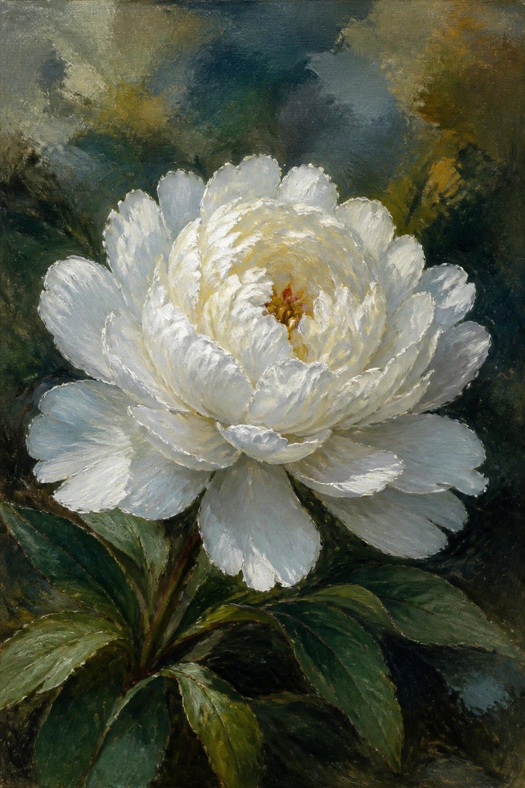 Large white peony with layered petals, golden center, and green leaves in oil painting