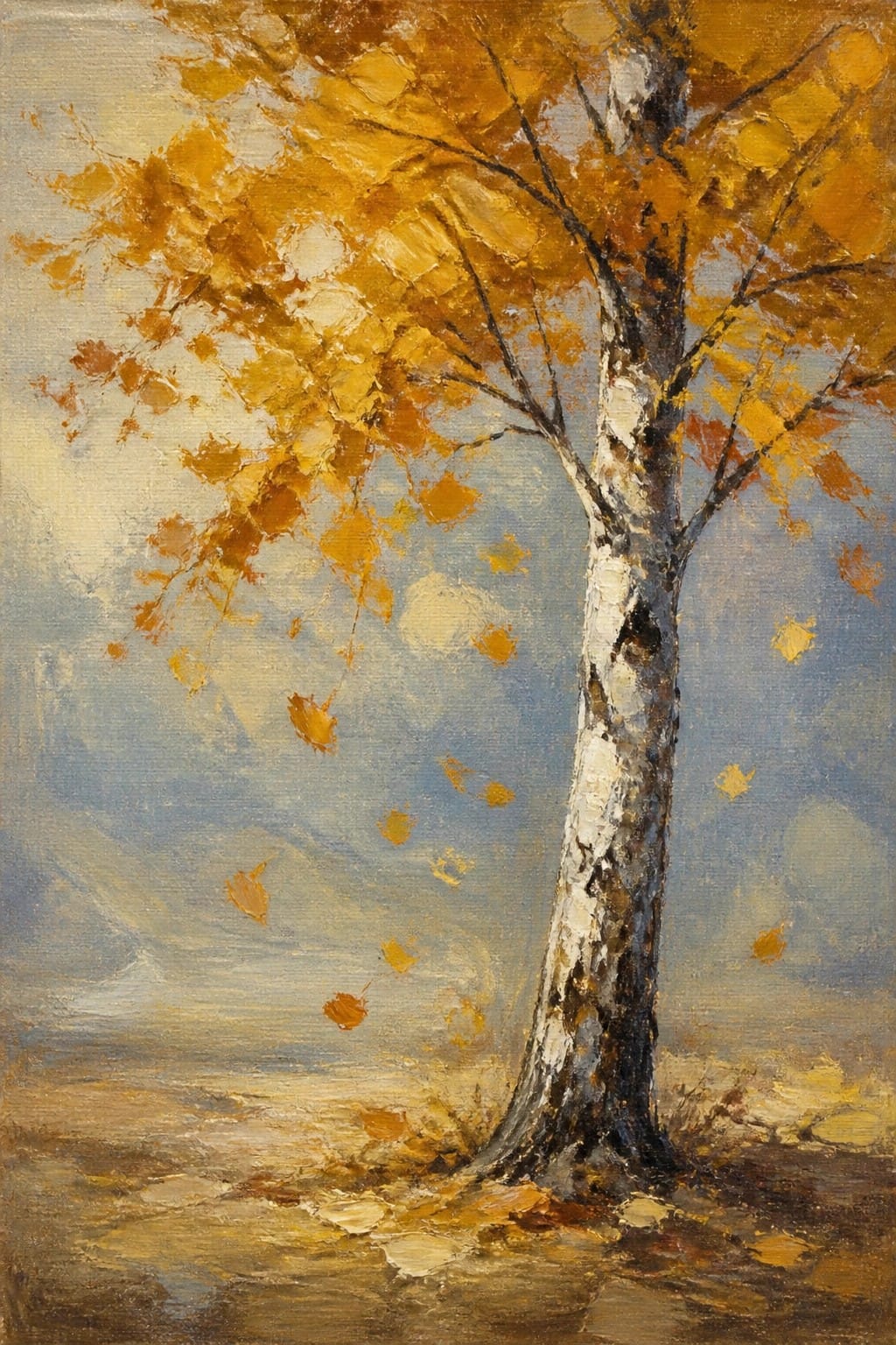 Golden autumn leaves falling from a birch tree with white trunk.