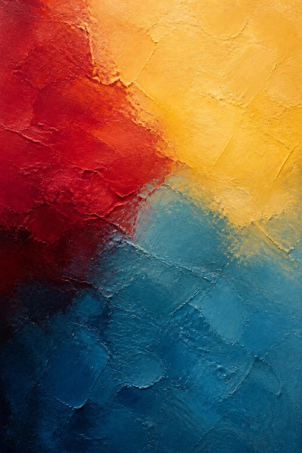 An abstract oil painting with thick textured blocks of red, orange, yellow, and blue showing visible brushstrokes and impasto layers.