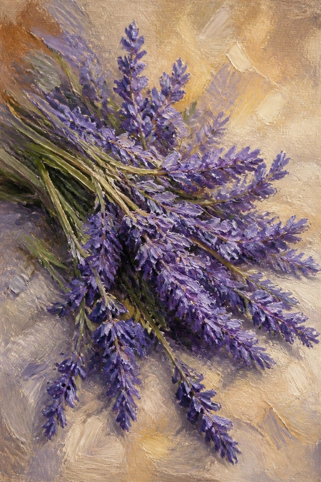 An oil painting of a bundle of purple lavender flowers with green stems resting on a textured surface against a golden brown background.