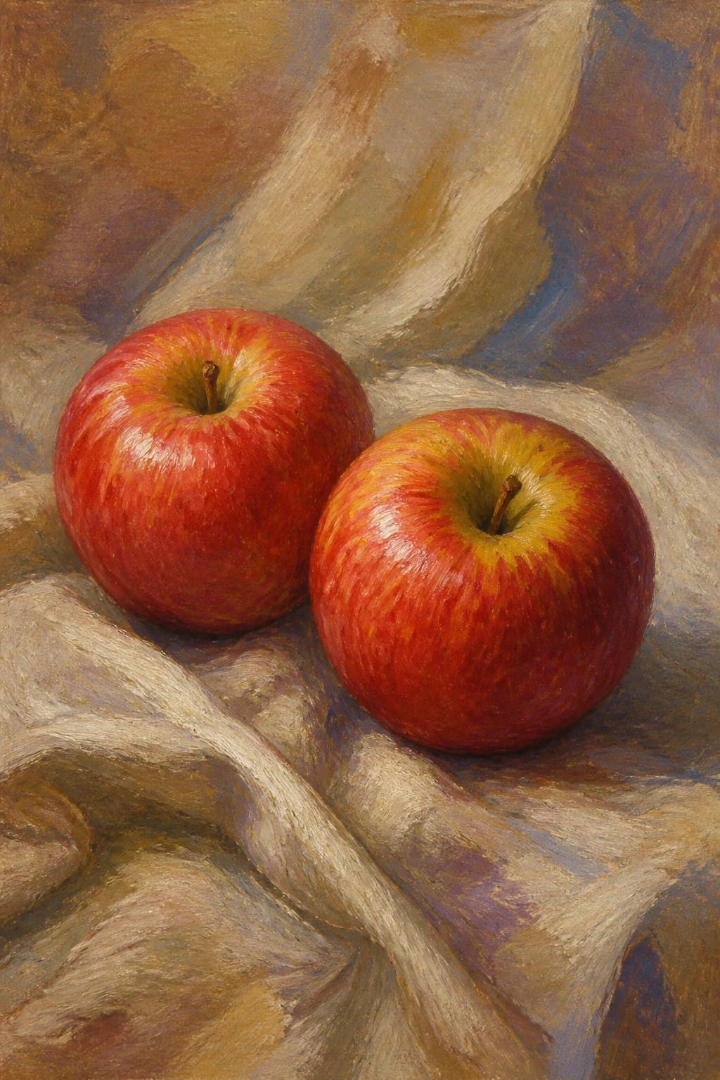 Two red apples on a rumpled cloth with abstract painterly background