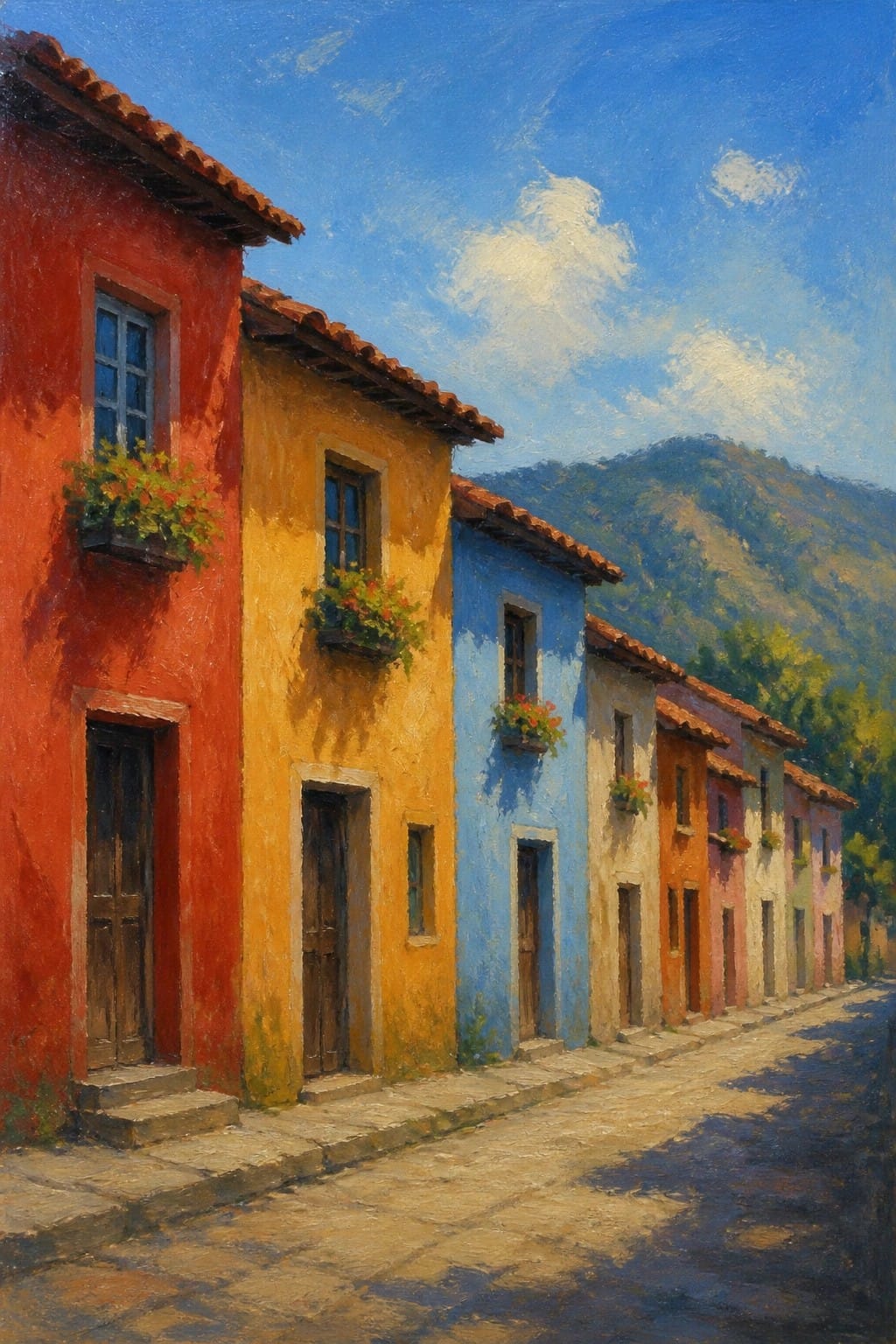 Vibrant colorful houses with flower boxes line a sunny cobblestone street with mountains beyond.