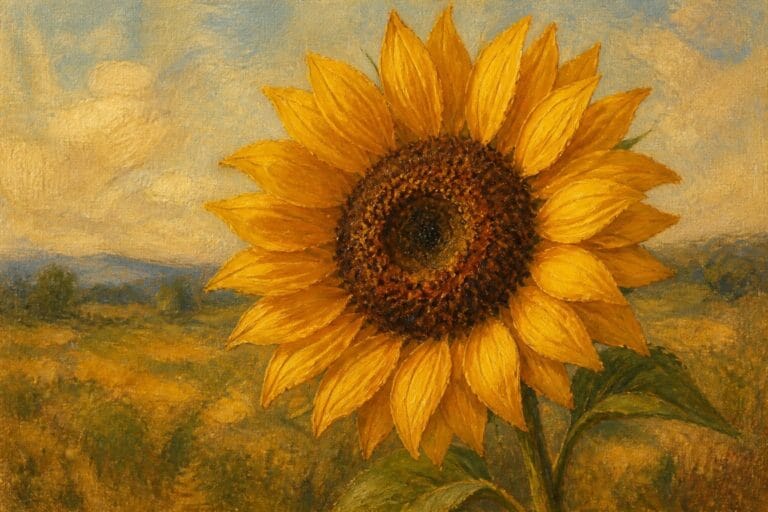 20 Foolproof Oil Painting Ideas on Canvas for Absolute Beginners Large yellow sunflower with brown center in golden field under cloudy sky