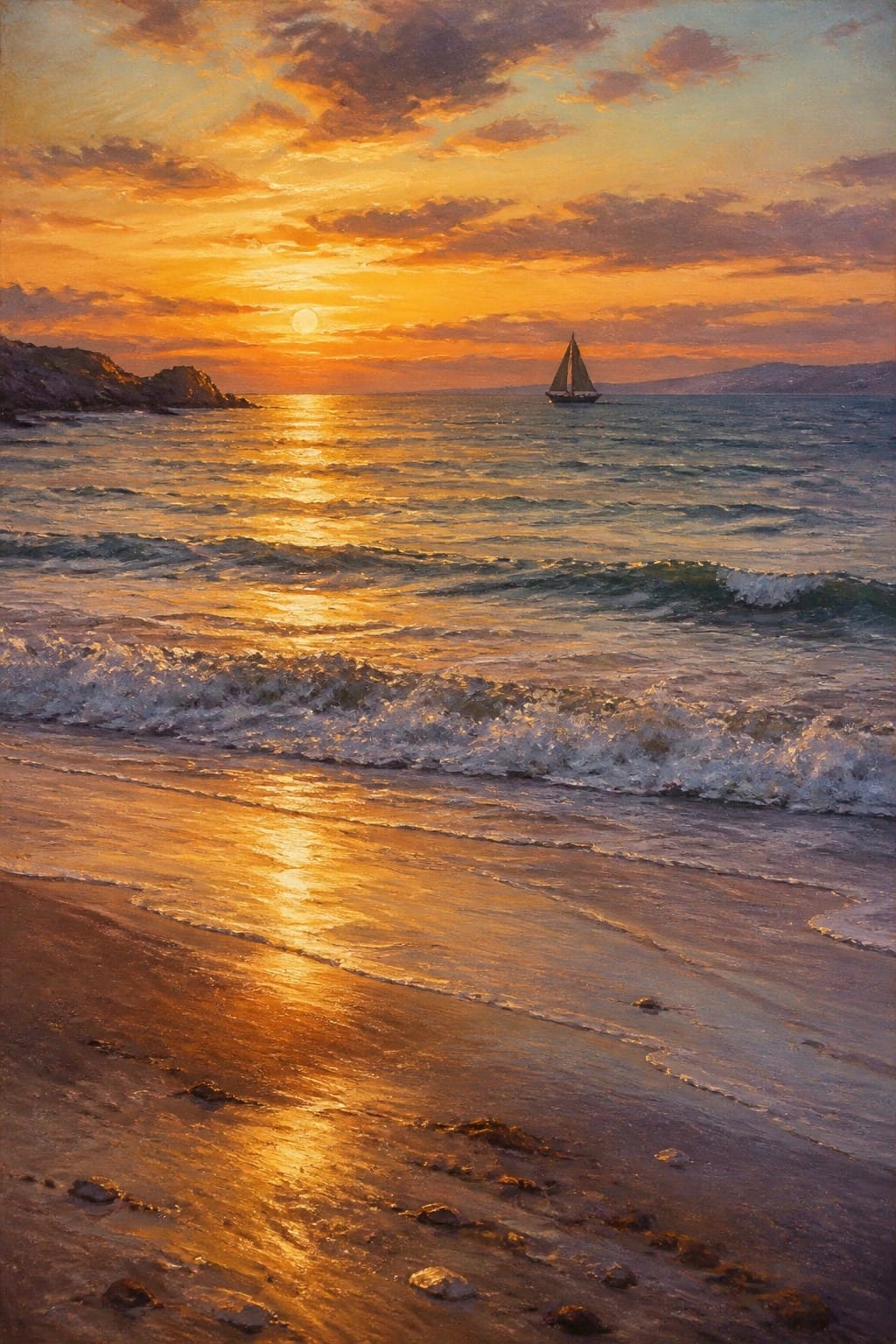Dramatic sunset over ocean with sailboat, golden waves, and sandy beach.