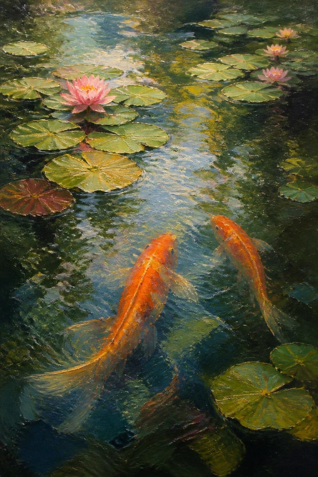 Two orange koi fish swim among green lily pads and pink water lilies.