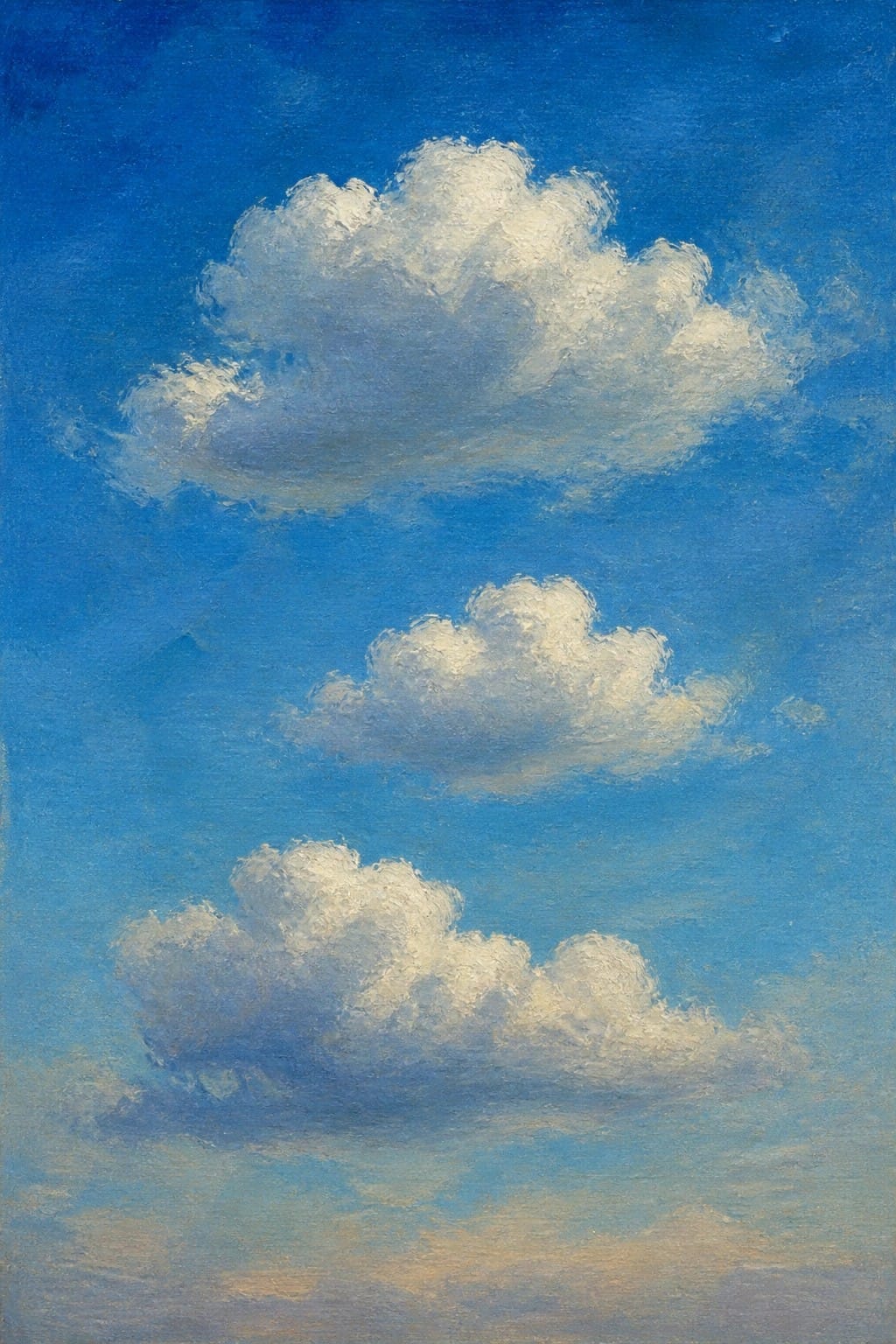 An oil painting of white fluffy clouds scattered across a bright blue sky with a faint horizon line at the bottom.