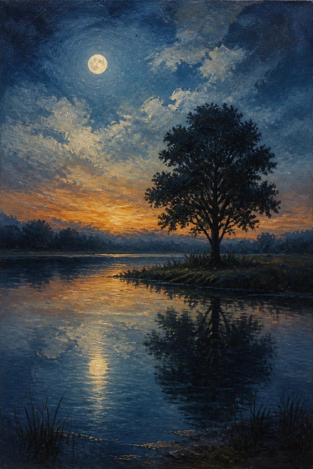 Moonlit river landscape with lone tree and glowing sunset reflections on water
