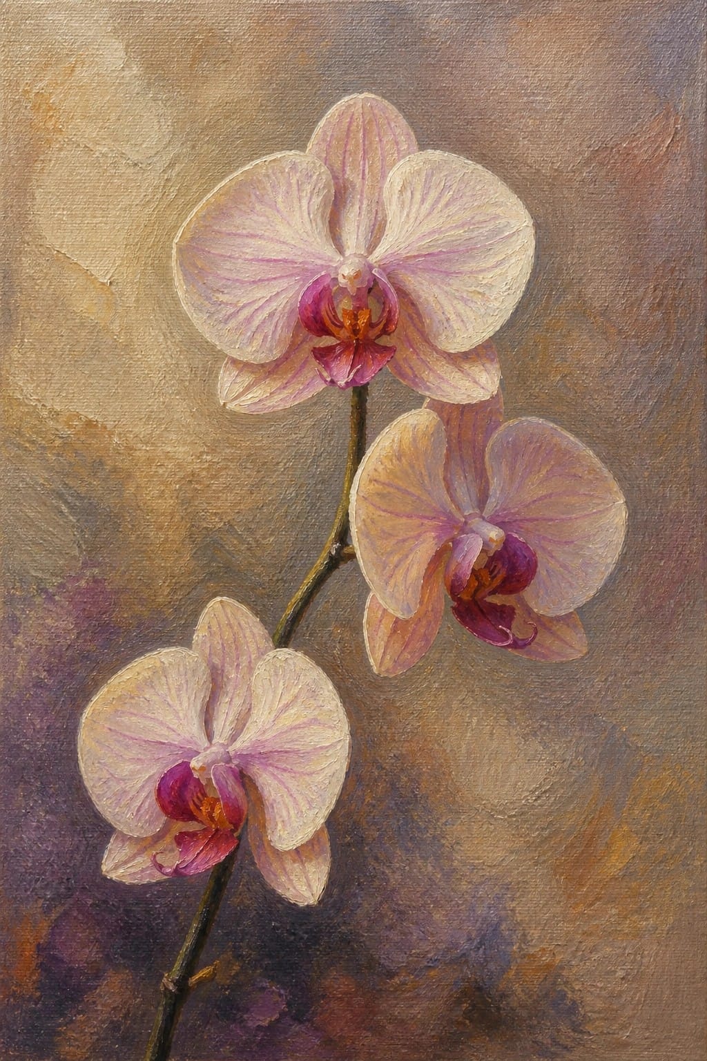 Three pink orchids with purple centers on a stem against a brown background