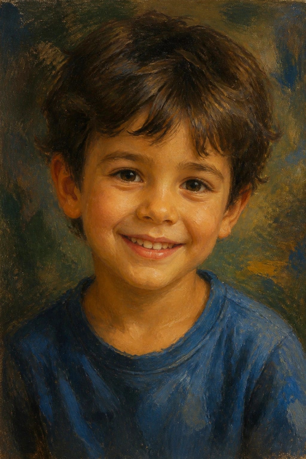 Smiling boy with curly brown hair in blue shirt, realistic oil portrait