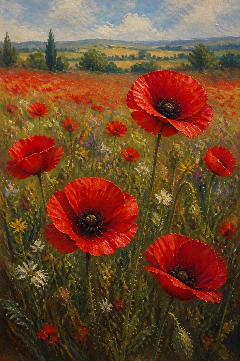 Vibrant red poppies blooming across a lush field with rolling hills.