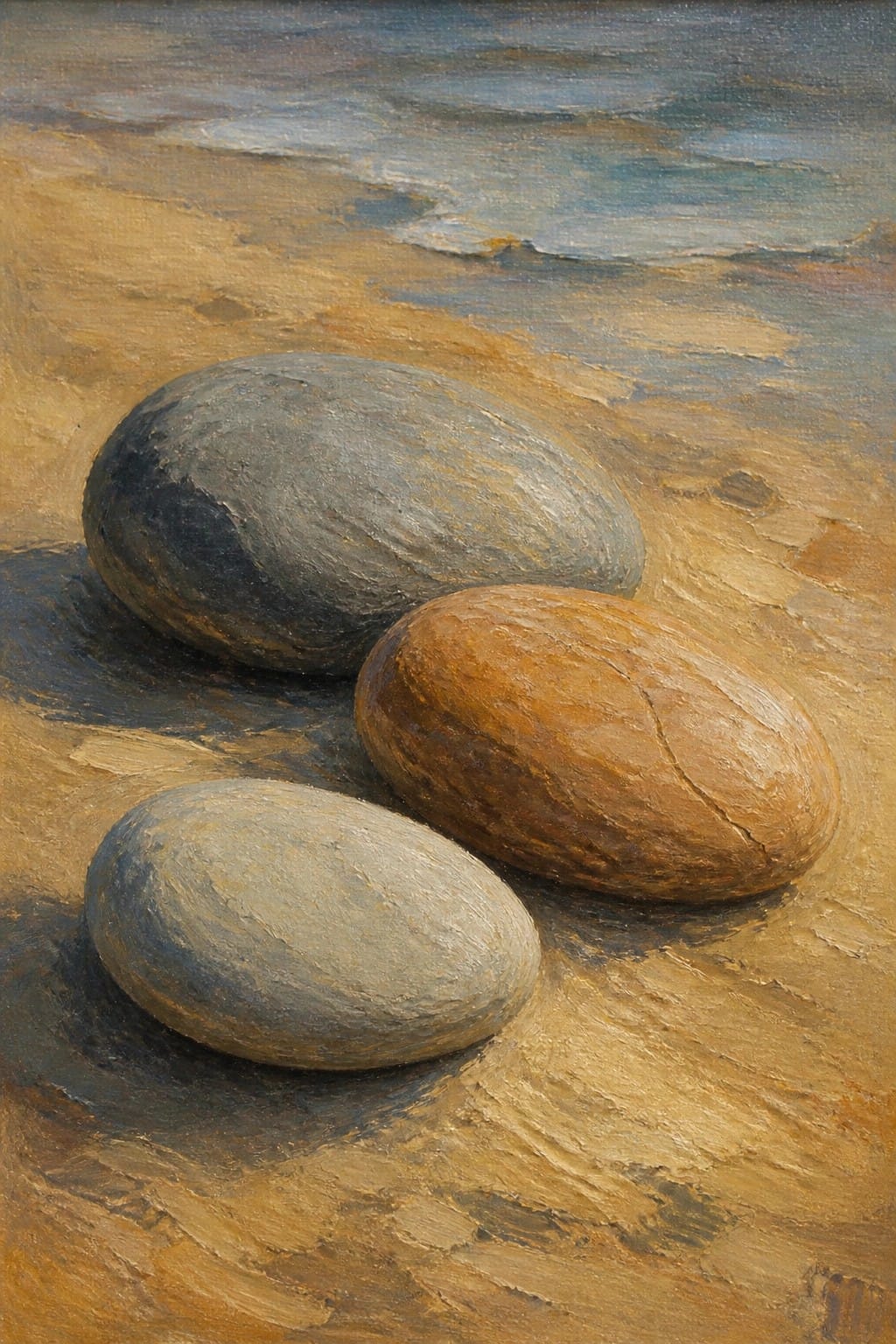 Three smooth oval stones on a sandy beach with ocean waves behind.