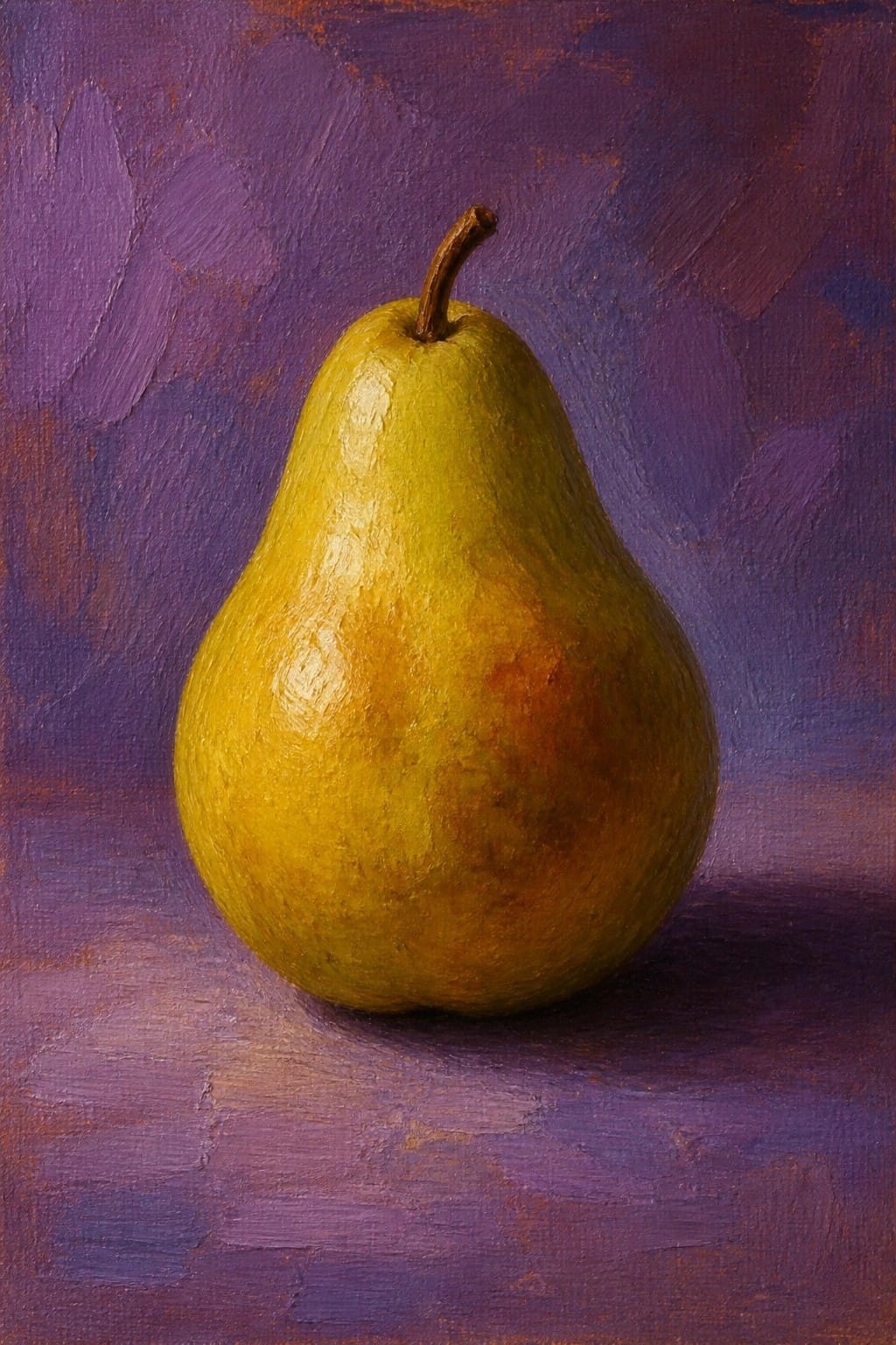 Yellow pear with brown stem on purple surface against textured purple background in oil painting