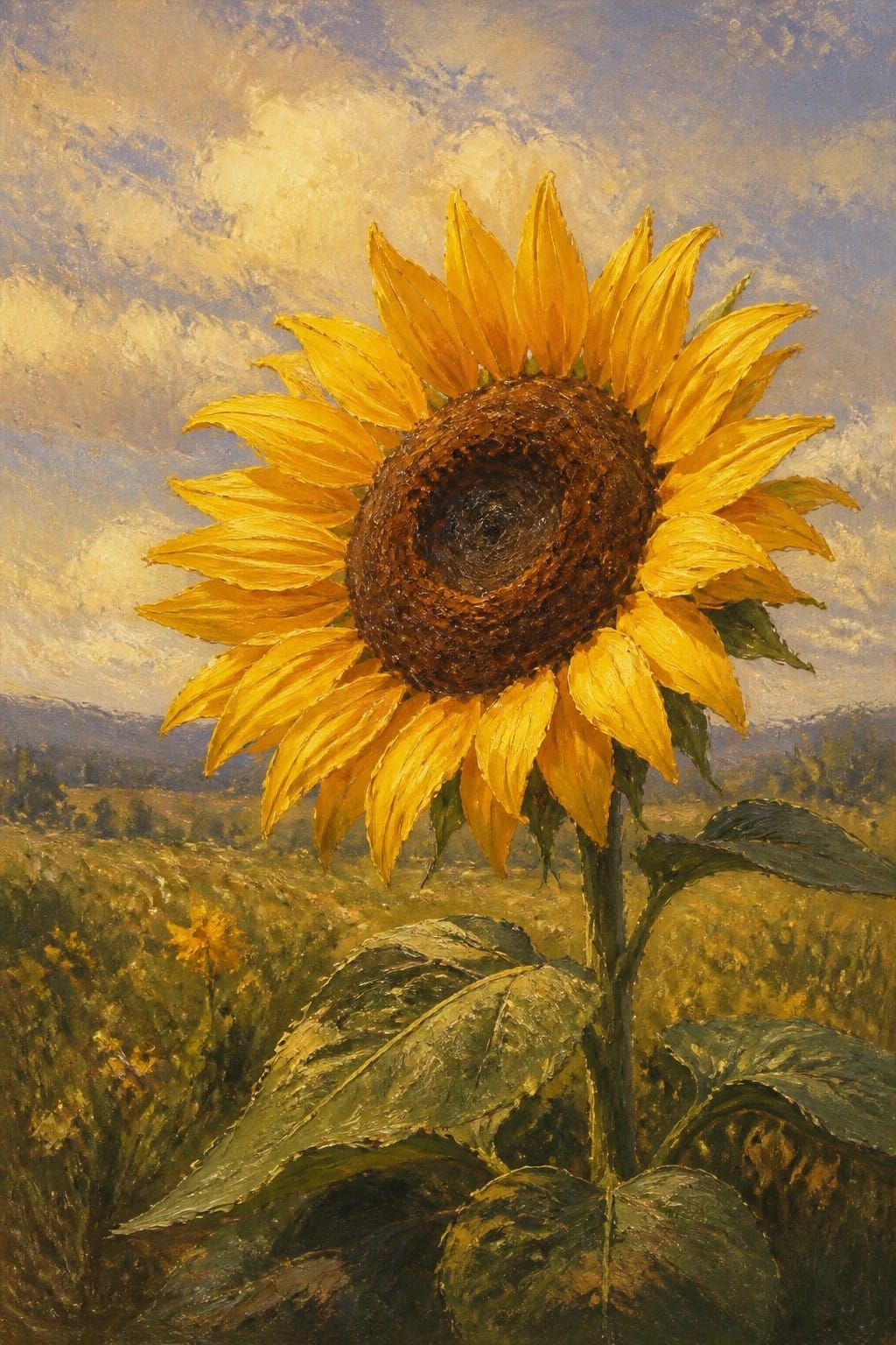 Large yellow sunflower with brown center in golden field under cloudy sky