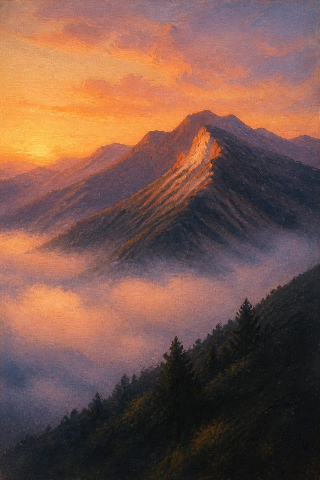 A realistic oil painting of rugged mountains illuminated by an orange sunrise, with thick fog filling the valleys and dark trees in the foreground.