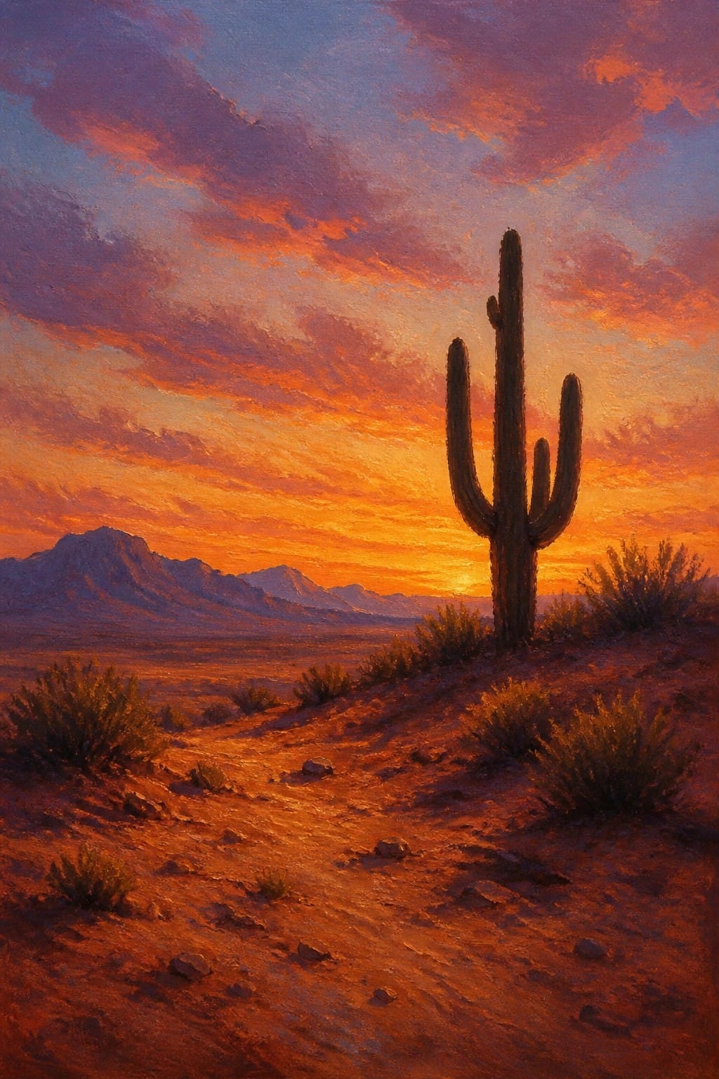 An oil painting of a desert landscape at sunset showing a large saguaro cactus on a rocky path with mountains in the distance under an orange and purple sky.