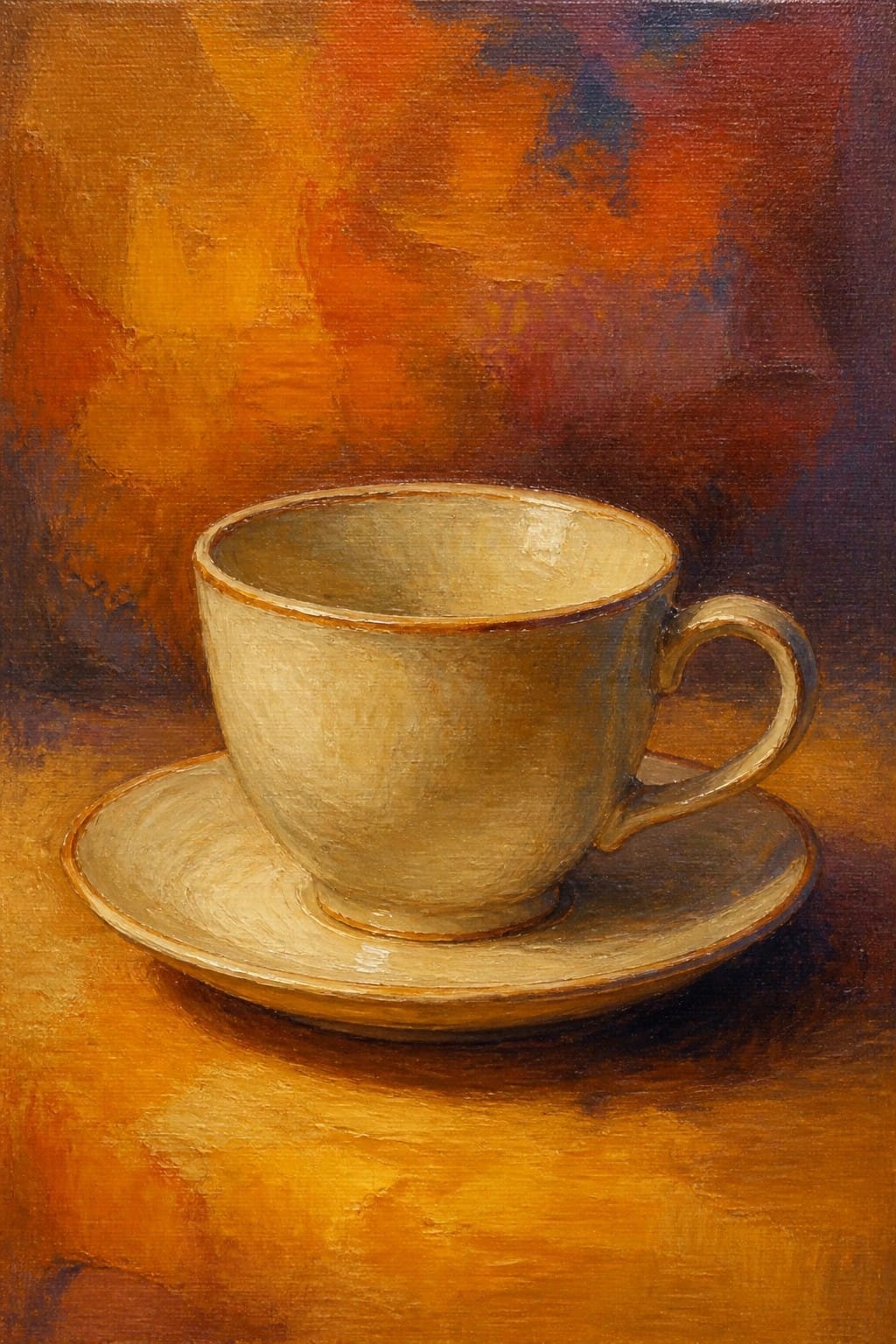 Beige ceramic teacup and saucer against abstract orange-brown painted background